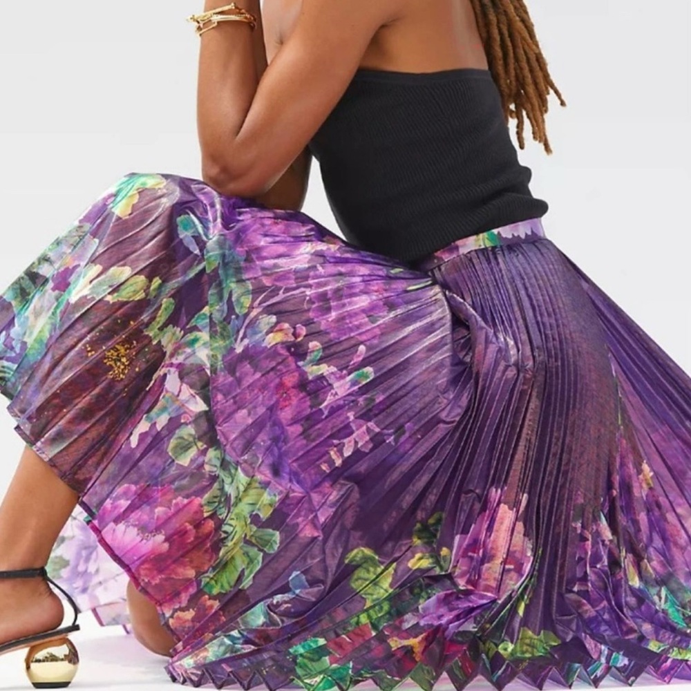 Anthropologie Purple Floral Midi Skirt